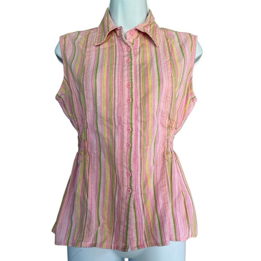 MG Originals Pink Green Striped Linen/Rayon Sleeveless Button Down L